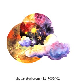 Beautiful hand drawn watercolor picture moon and cloudi. Boho style illustration.