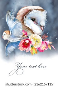 Beautiful hand painted owl and flowers portrait isolated on a white background. Forest animal concept. Wild bird illustration. Magical wise owl with flowers  artwork  for poster, print,card.