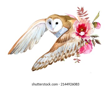 Beautiful hand painted owl portrait isolated on a white background. Forest animal concept. Wild bird illustration. Magical wise owl with flowers  artwork for poster, print,card.