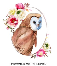 Beautiful hand painted owl portrait isolated on a white background. Forest animal concept. Wild bird illustration. Magical wise owl with flowers  artwork for poster, print,card.