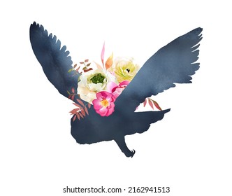 Beautiful hand painted owl portrait and flowers isolated on a white background. Forest animal concept. Wild bird illustration. Wise owl artwork for poster, print,card.