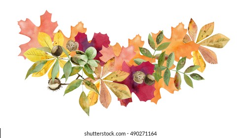 Beautiful hand painted watercolor bouquet, clipart, template texture of autumn leaves fruit and berries on white background