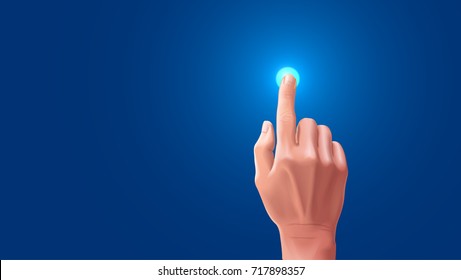 La mano hermosa presiona el dedo índice en la pantalla táctil. El botón de la pantalla táctil está resaltado cuando se toca con el dedo, en blanco 