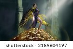 A beautiful harpy stands on a mountain of skulls, she has gilded wings and armor, her body is covered with a blue dress, she herself uses magic. Digital drawing style, 2D illustration