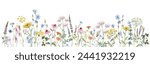 Beautiful horizontal mural with watercolor wild field flowers. Stock mural. Floral design.