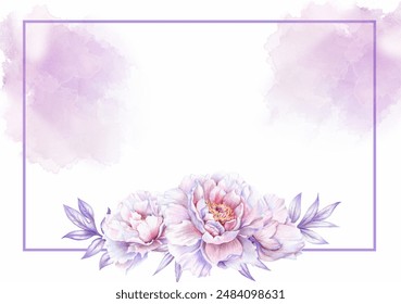 Beautiful horizontal template  wedding invitation layout with border of pink peones flowers with watercolor background. Classic floral design for card - Powered by Shutterstock