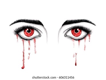 Beautiful Horror Watercolor Illustration With Crying Red Eyes. Vampire Red Eyes With Bloody Tears. Women's Watery Eyes. Eyes With Flowing Mascara On Isolated Background.
