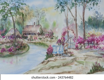 Beautiful House With Flower Garden Watercolor Painting