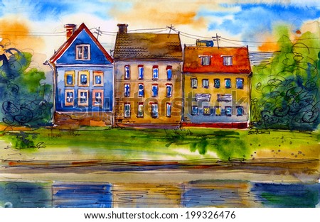 Beautiful houses near water watercolor painting illustration poster hand drawn artwork