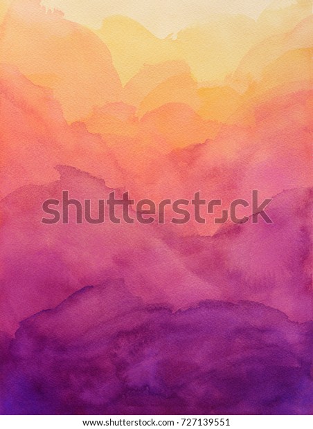 Beautiful hues of yellow gold pink and purple in\
hand painted watercolor background design with paint bleed and\
fringing in colorful sunrise or sunset colors in abstract cloudy\
mountain\
shapes.