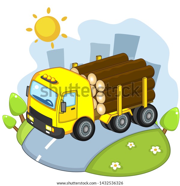 A beautiful\
illustration for children to study transport or design, truck\
carrying logs for\
construction.