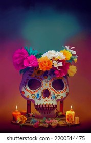 Beautiful Illustration Of The Day Of The Dead, Mexican Tradition. Colorful Wallpaper Of The Day Of The Dead. Catrin Catrina.