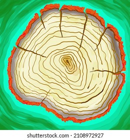 A Beautiful Illustration Drawing The Texture Of Tree Growth Rings On A Green Background. T-shirt Print.