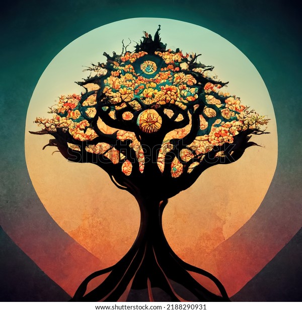 Beautiful illustration of magic tree of\
life, sacred symbol. Personal individuality, prosperity and growth\
concept. Retro vintage style digital\
art.