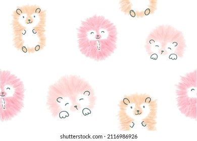 Beautiful illustration of pink hedgehogs. Cute drawing of a sleeping pink hedgehog. Seamless pattern of Hedgehogs smiling, asleep.