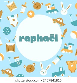 Beautiful illustration of this pretty boy's first name "Raphaël" which is nicely surrounded by a decor for babies, small children who love soft toys. Magnificent to celebrate a birth or a birthday ! - Powered by Shutterstock