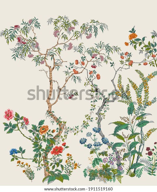 壁紙の木や花の美しいイラスト 花柄の壁紙イラスト のイラスト素材