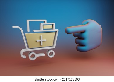 Beautiful Illustrations Abstract Hand Index Finger Points To Shopping Cart Plus Symbol Icon On A Multicolor Bright Background. 3d Rendering Illustration. Background Pattern For Design. 