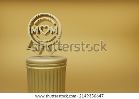 Beautiful illustrations Golden badge with word MOM and heart symbol icons on a golden column and wonderful background. 3d rendering illustration. Background pattern for design. Mothers Day.