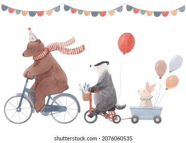 Beautiful Image With Cute Hand Drawn Watercolor Animals On Bikes And Air Baloons. Birthday Party Bear Badger Rabbit Celebration. Stock Baby Illustration.