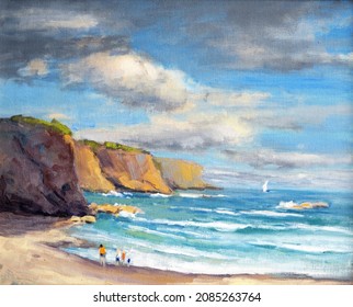 Beautiful Impressionist Landscape Plein Air Oil Painting Of The Sandy Beach, Cliffs, Clouds, Sky And Ocean Waves                              