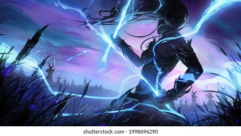 A beautiful incredibly agile and sexy elf girl epically catches lightning arrows with her bare hands in the middle of the field, they fly from the bows of a squad of hunters who surrounded her.