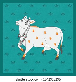 A Beautiful Indian Cow Artwork on Green Fabric with Floral Pattern. Interior Wall Decor Modern Cow Artwork. 