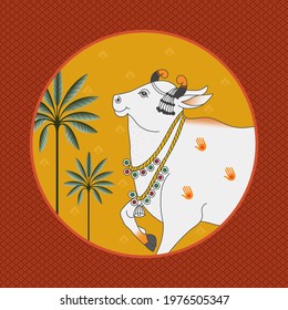 A Beautiful Indian Cow Pichwai Art Illustration with Yellow Color for Interior Wall Decoration