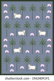 A Beautiful Indian Ethnic Art Pattern for Interior Wall Decoration. Asian White Cow Pichwai Digital Painting. 