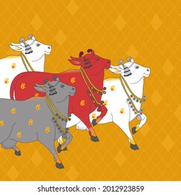 A Beautiful Indian Pichwai Colorful Cows with Yellow Color Illustration for Interior Wall Decoration. Rajasthani Digital Art Frame.    