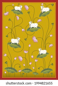A Beautiful Indian Pichwai Cow and Lotus Illustration with Yellow Background to Decorate Your Interior Wall and Pooja Room.