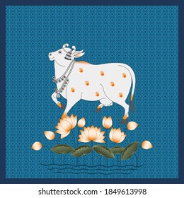 A Beautiful Indian White Cow Illustration with Lotus Flower and Blue Background Pattern For Interior Wall Decoration