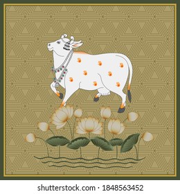 A Beautiful Indian White Cow Painting With Ethnic Background Pattern And Lotus For Home Decore Artwork.