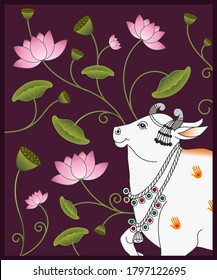 A Beautiful Indian White Decorative Cow Illustration with Lotus Flower for Interior Wall Decoration