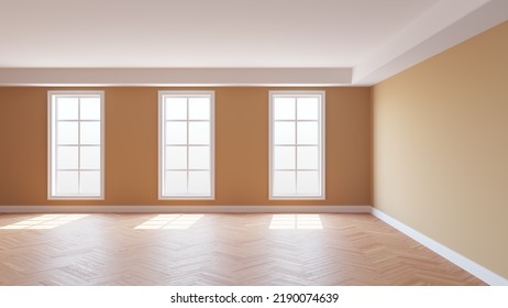 Beautiful Interior Concept Of The Empty Beige Room With A White Ceiling And Cornice, Glossy Herringbone Parquet Floor, Three Large Windows And A White Plinth. 3d Rendering, 8K Ultra HD, 7680x4320