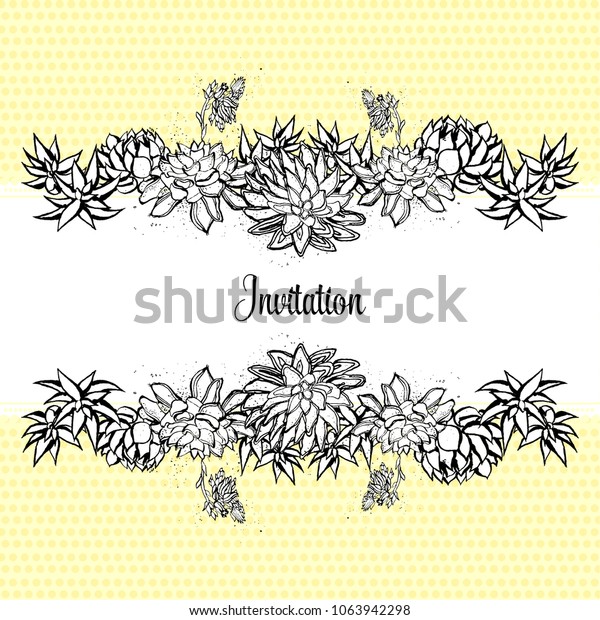 Beautiful invitation with succulent pattern.
Celebration template with succulent flowers. Wedding invitation
template. Background with ink flower border decoration, divider,
header
template.