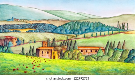 Beautiful italian country landscape, painted in watercolor. Original illustration.