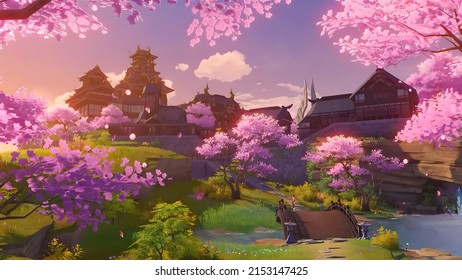 Beautiful Japan Sakura Trees Landscape Wallpaper Genshin Impact Inazuma Wallpaper