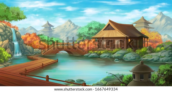 明るい日に美しい日本の中庭の風景 空想の背景 コンセプトアート リアルイラスト ビデオゲームデジタルcgアートワークの背景 自然の風景 のイラスト素材