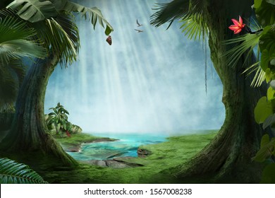 Beautiful Jungle Beach Lagoon View With Palm Trees And Tropical Leaves, Can Be Used As Background