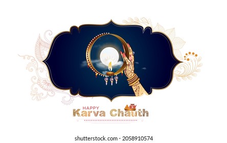Beautiful karwa chauth banner design with Indian married women and moon rise view