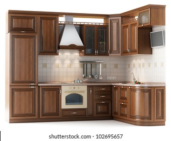 Beautiful Kitchen Furniture Made Of Wood In The Studio Lighting Isolated On White