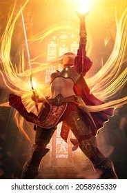 A beautiful knight girl in sexy plate armor stands firmly, calls light from heaven into her outstretched hand, she has long glowing blonde hair, a red cloak, and a magic sword. 3d rendering
