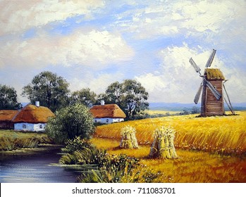 Beautiful landscape. Mill, wheat field, village. Oil paintings. Fine art, paint.