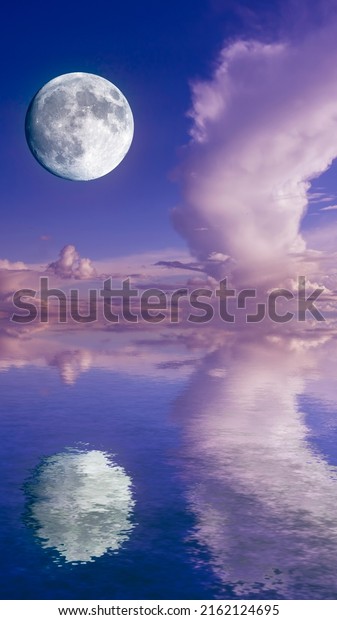 beautiful\
landscape with moon water and cumulus clouds in the shape of angel\
wings. the concept of angelic night. 3d\
render