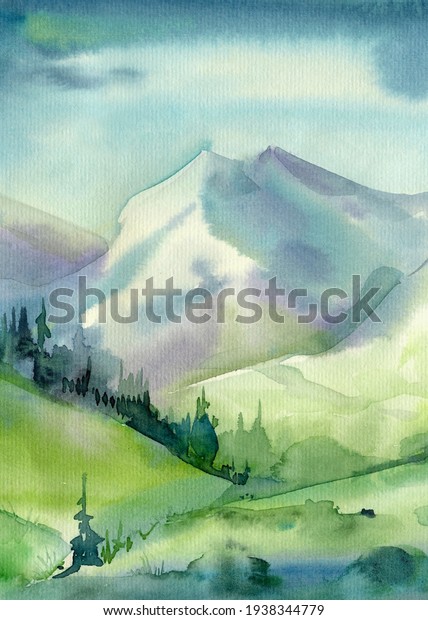 山と森の美しい風景 水彩イラスト のイラスト素材