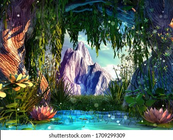Beautiful landscape with mountains, lake and trees. 3d illustration, 3d rendering.