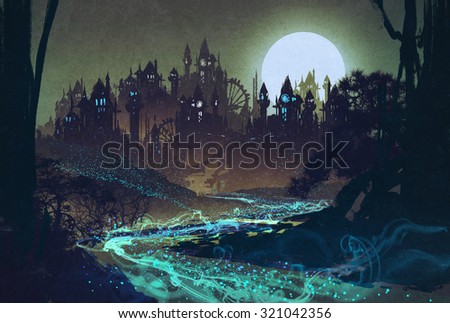 beautiful landscape with mysterious river,full moon over castles,illustration painting