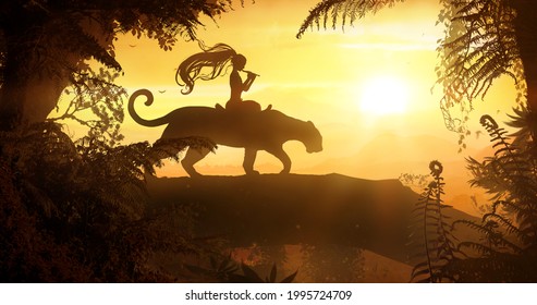 A beautiful landscape of a tropical wild forest, through which a young flute girl is traveling, playing music, sitting in the lotus position on a huge leopard that walks on a log of a fallen tree. 2d 