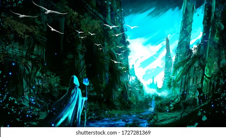 A beautiful landscape, with a beautiful turquoise sky and mild clouds illuminating the ruins of an ancient city braided by vegetation, is strange in the hood on the first lan. 2d illustration